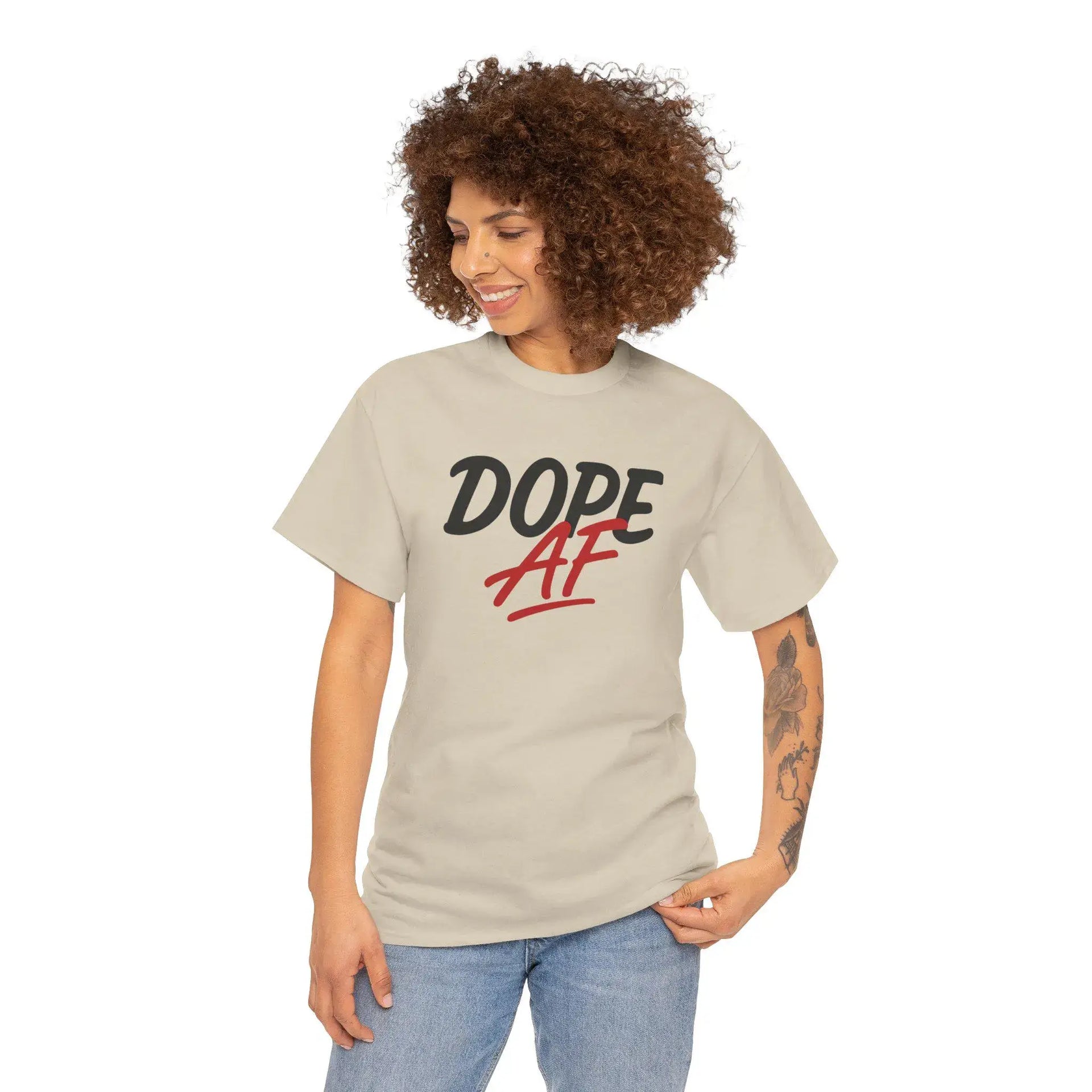 Person wearing a beige t-shirt with 'DOPE AF' text on a white background