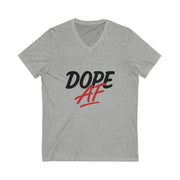 Gray V-neck t-shirt with 'Dope AF' text on a white background