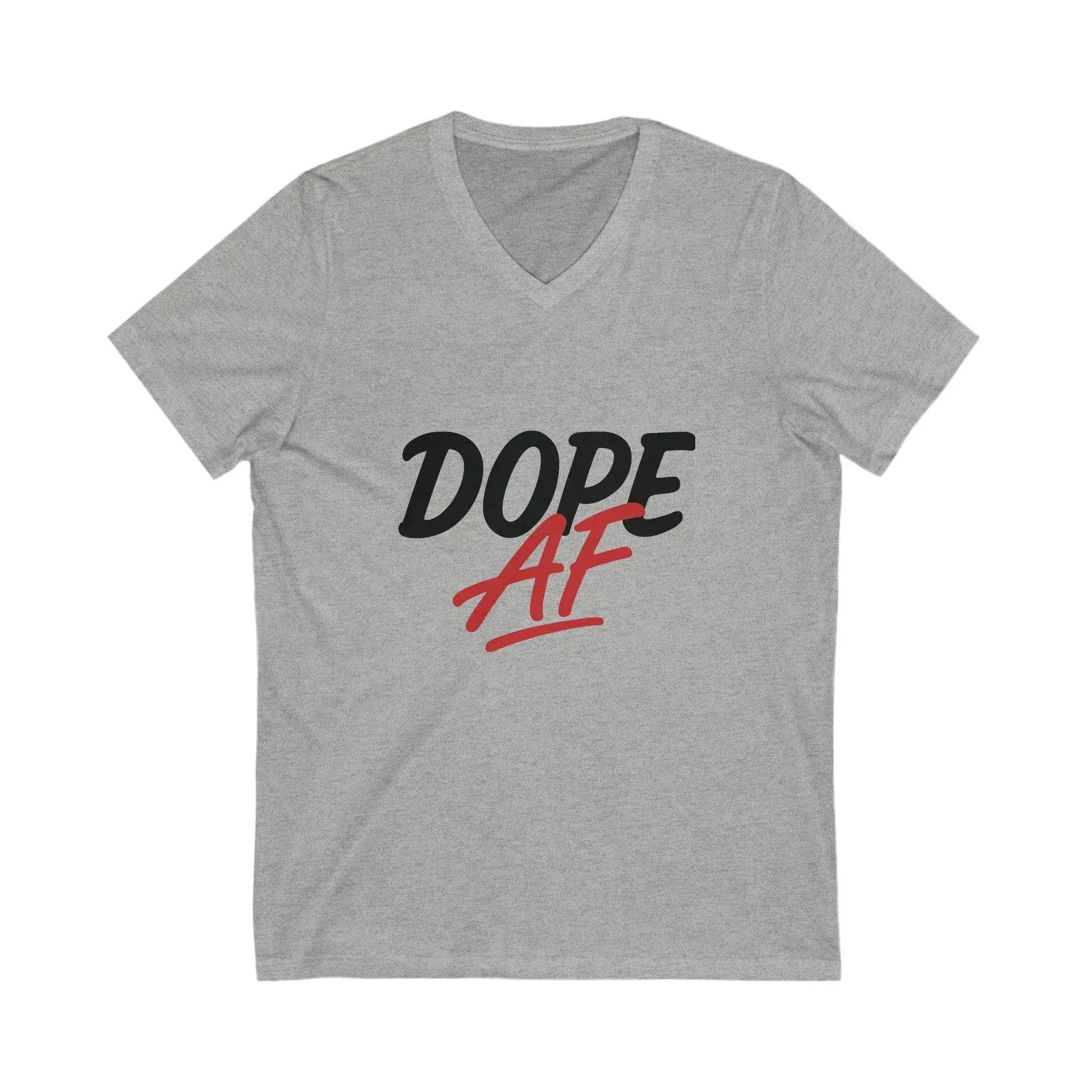 Gray V-neck t-shirt with 'Dope AF' text on a white background