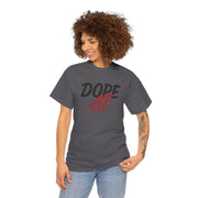 Woman wearing a gray t-shirt with 'DOPE AF' text on a white background