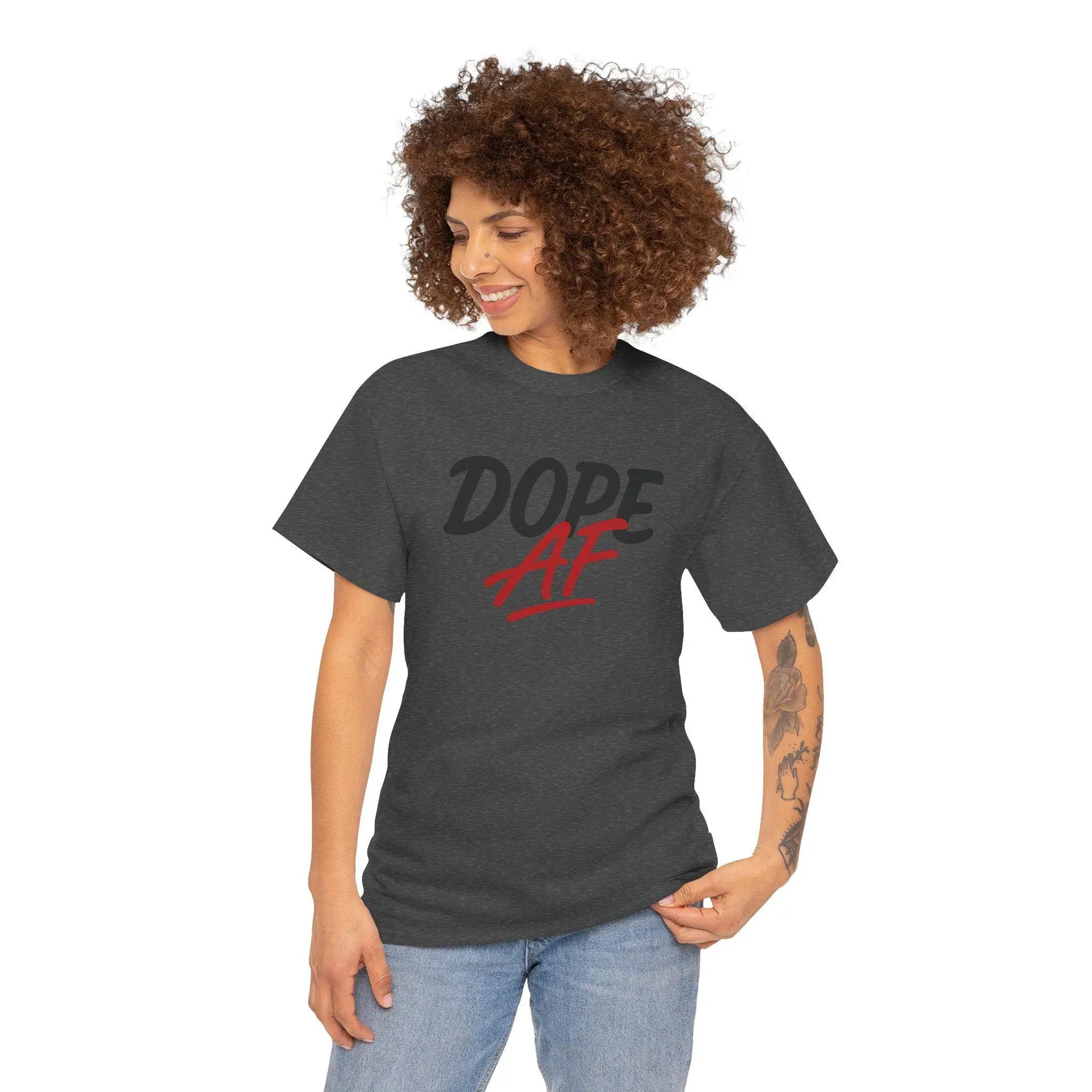 Woman wearing a dark gray t-shirt with 'Dope AF' text on a white background