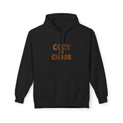 Black hoodie with 'Cozy in Chaos' text on a white background