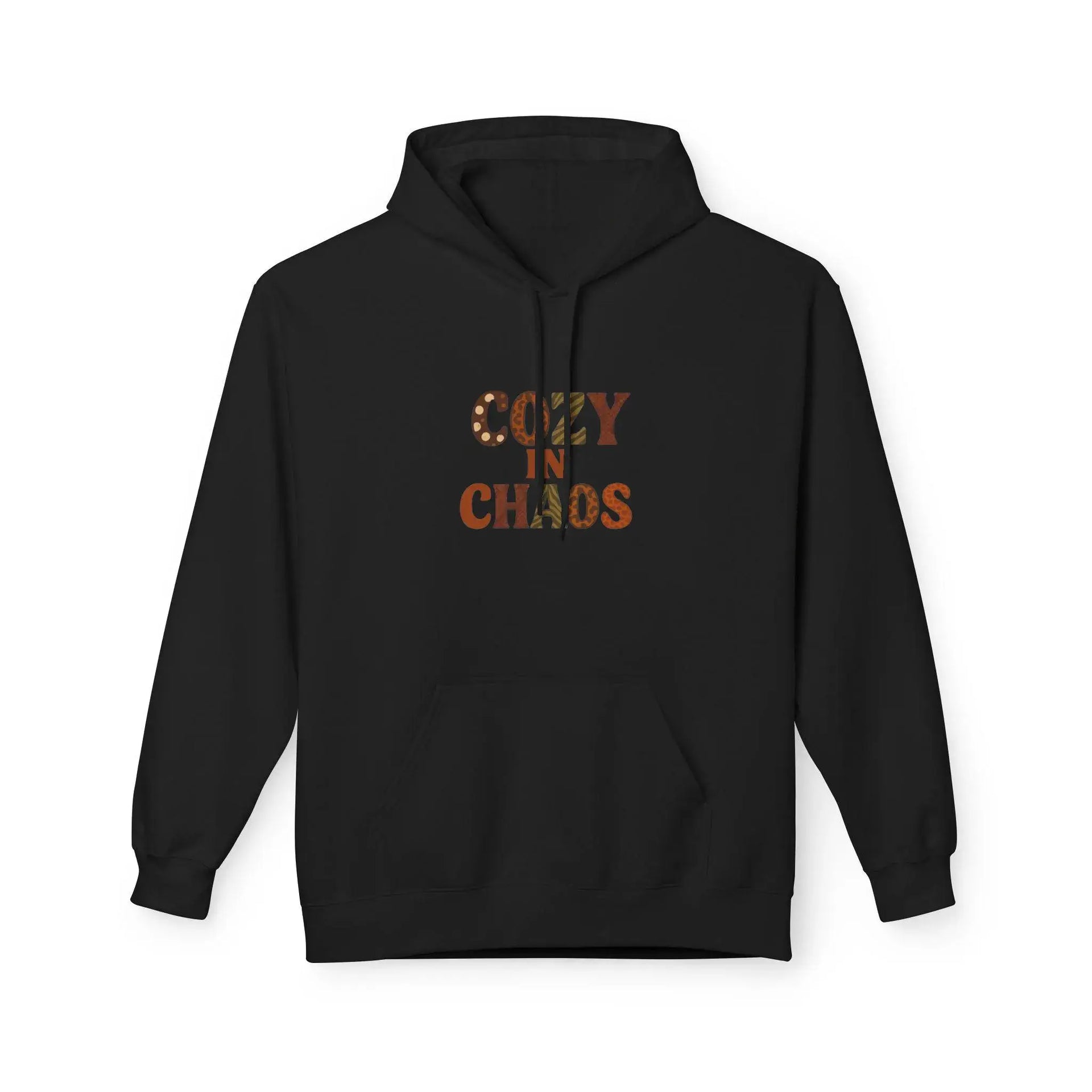Black hoodie with 'Cozy in Chaos' text on a white background