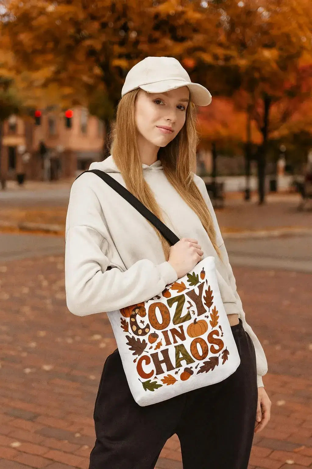 Person holding a tote bag with autumn-themed design on a street with trees in the background