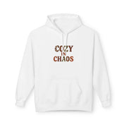 White hoodie with 'Cozy in Chaos' text on a white background