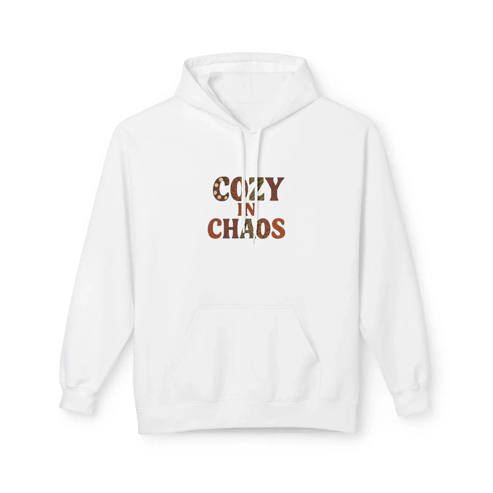 White hoodie with 'Cozy in Chaos' text on a white background