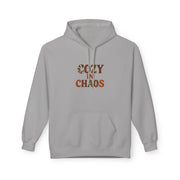 Gray hoodie with 'Cozy in Chaos' text on a white background