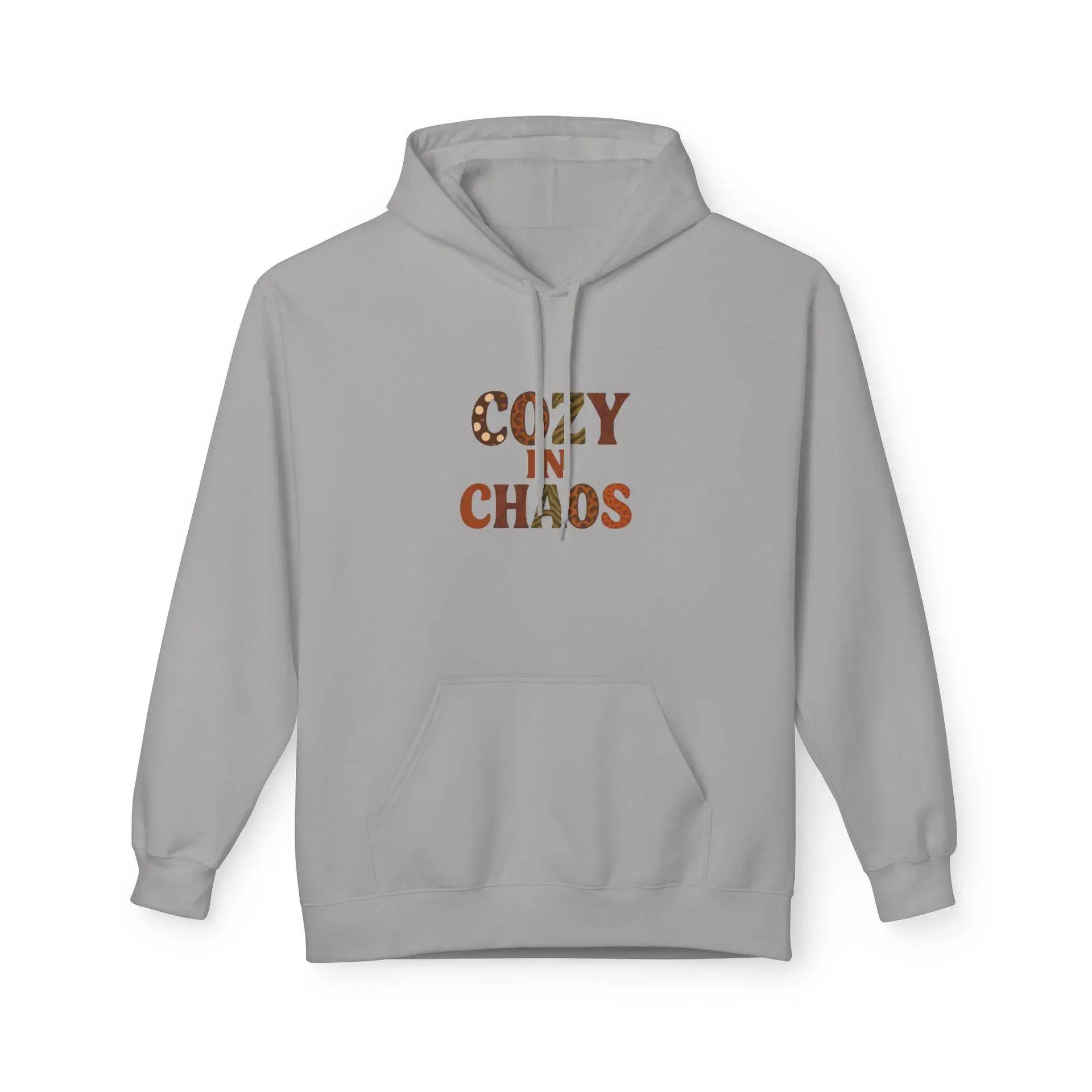 Gray hoodie with 'Cozy in Chaos' text on a white background