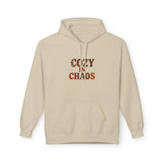 Beige hoodie with 'Cozy in Chaos' text on a white background