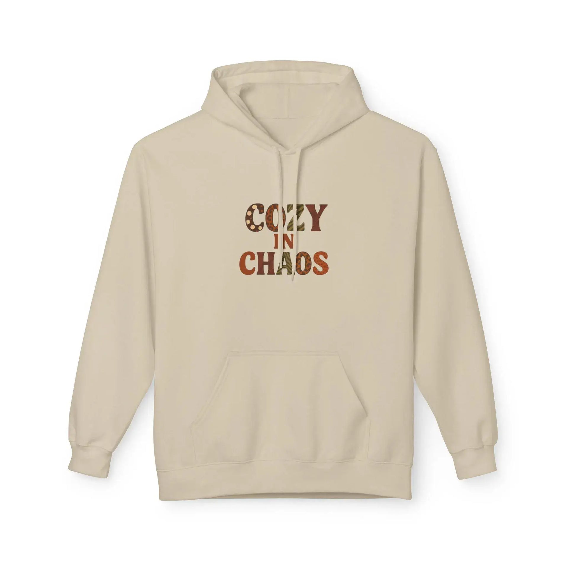 Beige hoodie with 'Cozy in Chaos' text on a white background