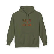 Green hoodie with text design on a white background