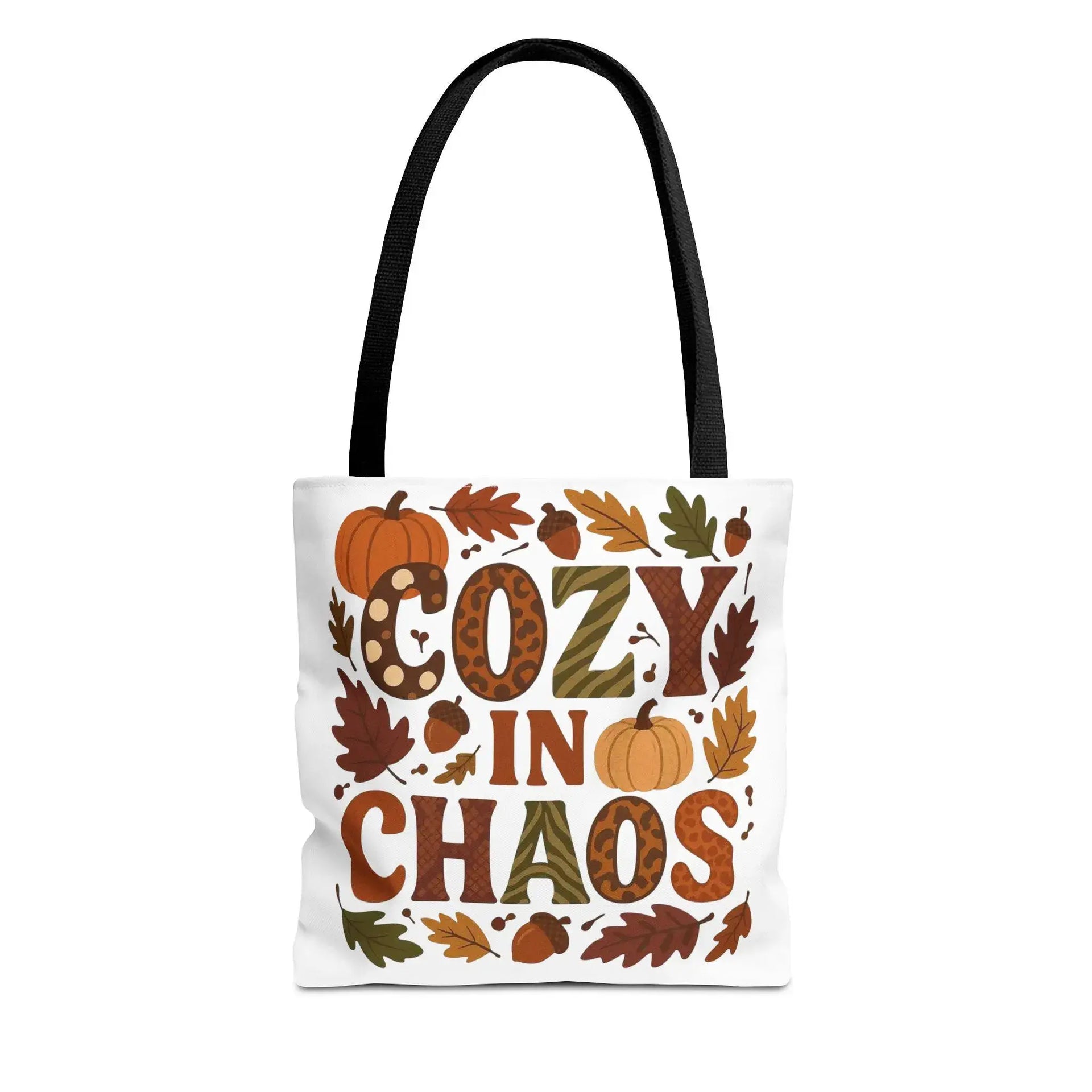 Tote bag with autumn-themed design and text on a white background