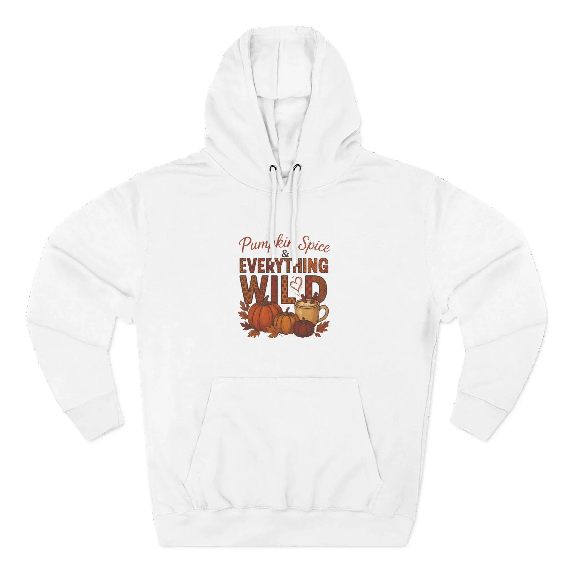 White hoodie with 'Pumpkin Spice Everything Wild' text and graphics on a white background