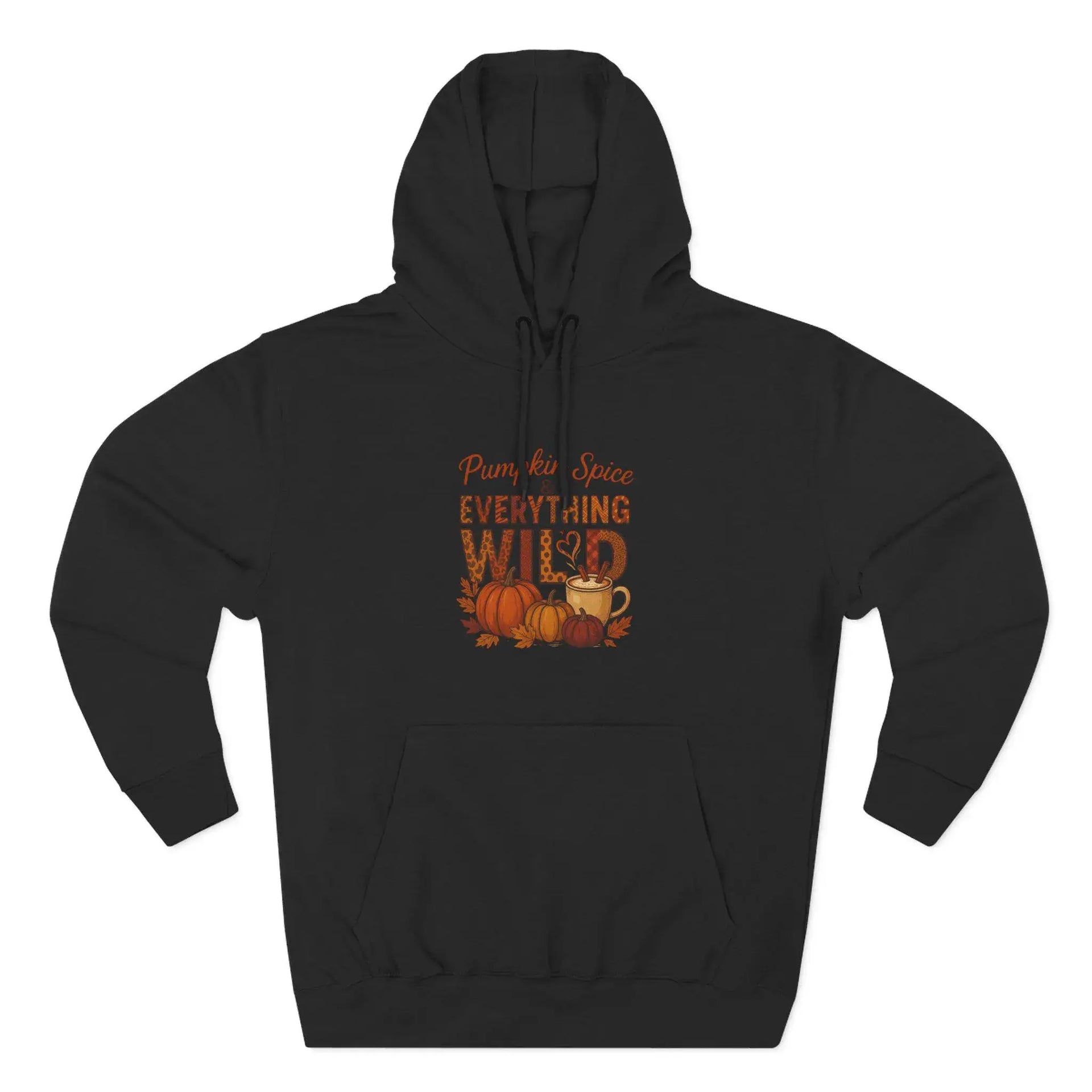 Black hoodie with 'Pumpkin Spice Everything Wild' text and graphics on a white background