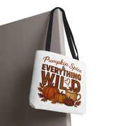 Tote bag with 'Pumpkin Spice & Everything Wild' text and autumn-themed graphics on a white background.