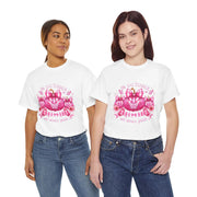 Two women wearing white t-shirts with a pink graphic design on a white background
